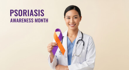 yong asian female doctor holding purple and orange ribbon symbolizing psoriasis month. healthcare professional advocating skin condition awareness. medical campaign, health education, poster.