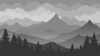 Obraz premium Tranquil grayscale landscape with mountains trees and clouds against a white background