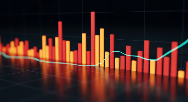 3D rendered bar and line graph showcases financial data, red and orange bars represent fluctuating market trends, teal line shows overall growth, symbolizing business analytics and investment