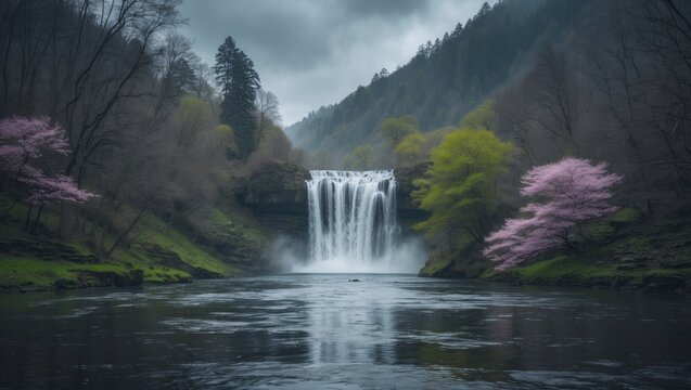 Sizir Waterfall in Spring with Empty Copy Space for Text