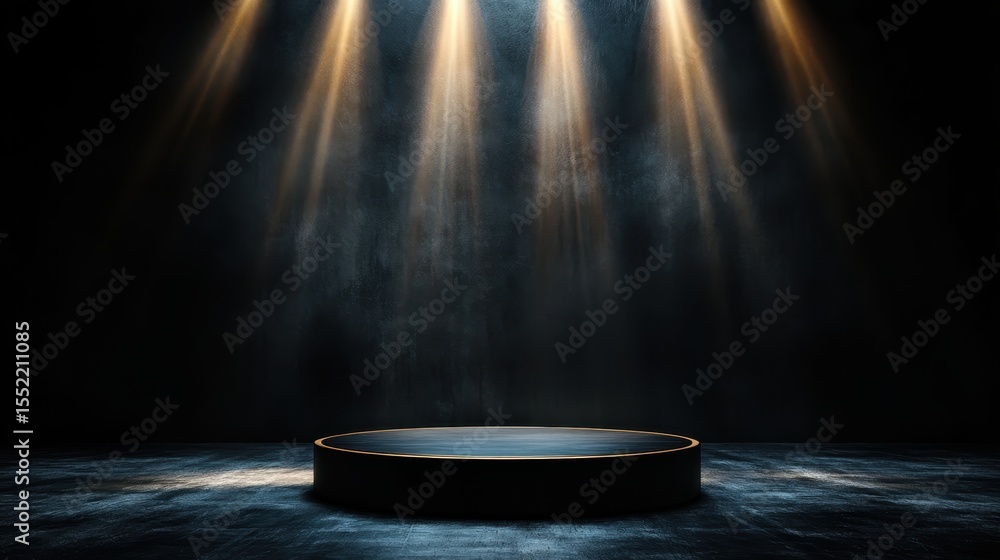 Poster an empty stage illuminated by dramatic spotlights creates an anticipation-filled atmosphere, setting
