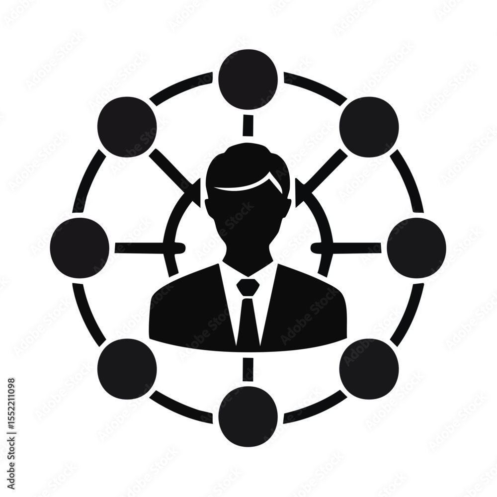 Poster person in suit icon with surrounding nodes signifying a network and connections