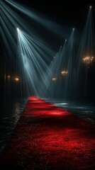 Elegant red carpet illuminated by dramatic lighting in a lavish event space during a gala evening