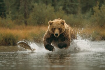 Obraz premium A grizzly bear runs through shallow water, splashing as it pursues a salmon in a forested river setting during morning hours