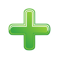Fototapeta premium Stylized green plus sign with a white outline on black background, mathematical symbol