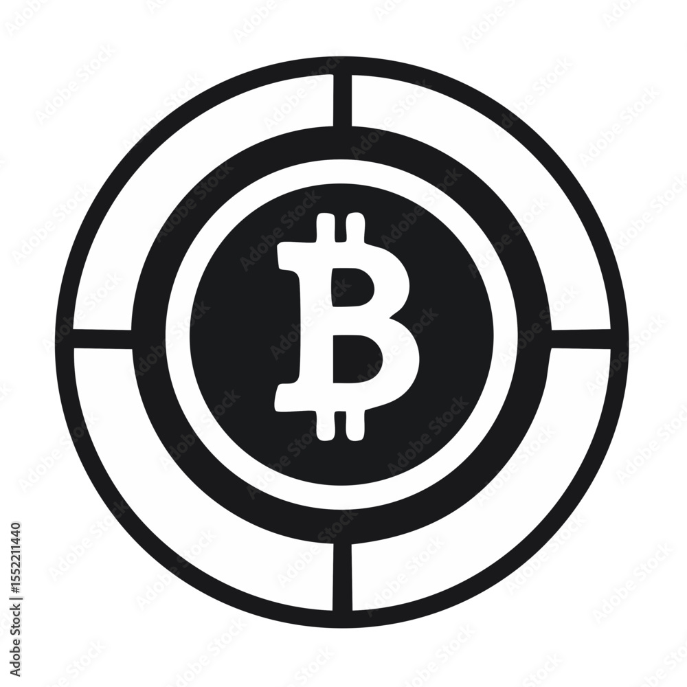 Poster bitcoin symbol encased in circular segmented frame in black and white