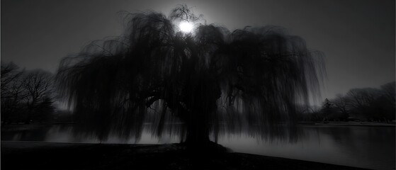 Silhouette of weeping willow at dawn