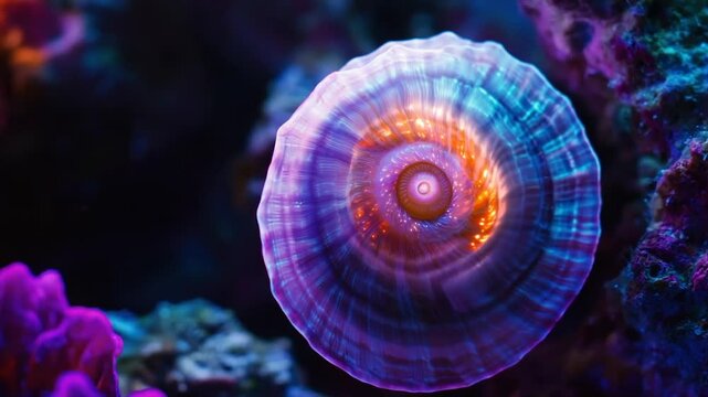 Vibrant, bioluminescent aquatic organism with spiral shell structure