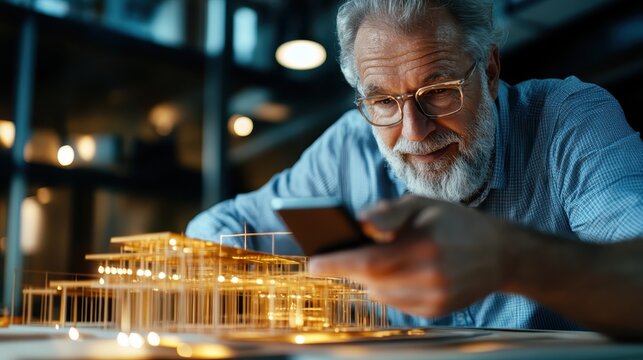 A senior architect examines a detailed architectural model with great focus, showcasing the intersection of design and technology in modern architecture.