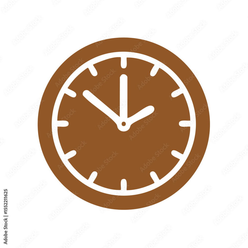 Poster clock icon showing the time with simple design in brown and white on a black background for website 