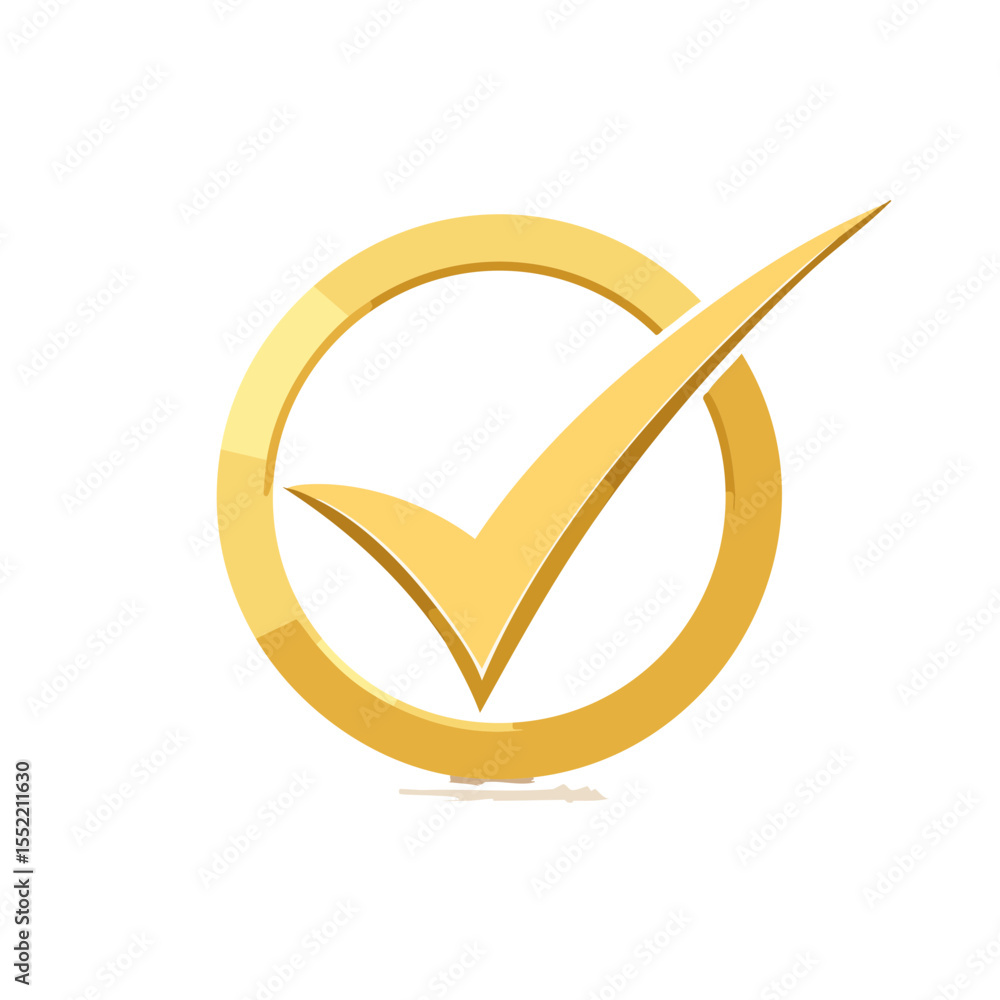 Poster golden check mark in circle glossy design on black background symbol of approval success and complet