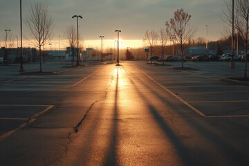 Warm sunlight illuminates an empty parking lot, creating striking shadows as the day transitions into evening