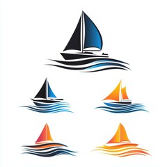 Stylized sailboat designs showcasing various colors and wave patterns in a nautical theme