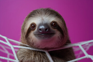 Playful sloth peeks out from a white net against a vibrant pink background, showcasing its adorable features and curious expression
