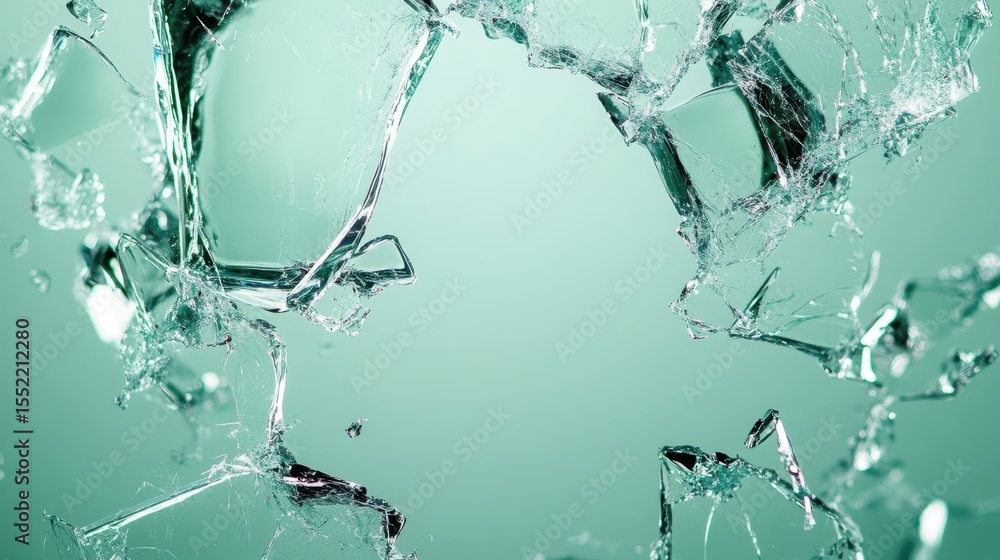 Poster an abstract close-up of shattered glass forms intriguing patterns against a soft background, emphasi