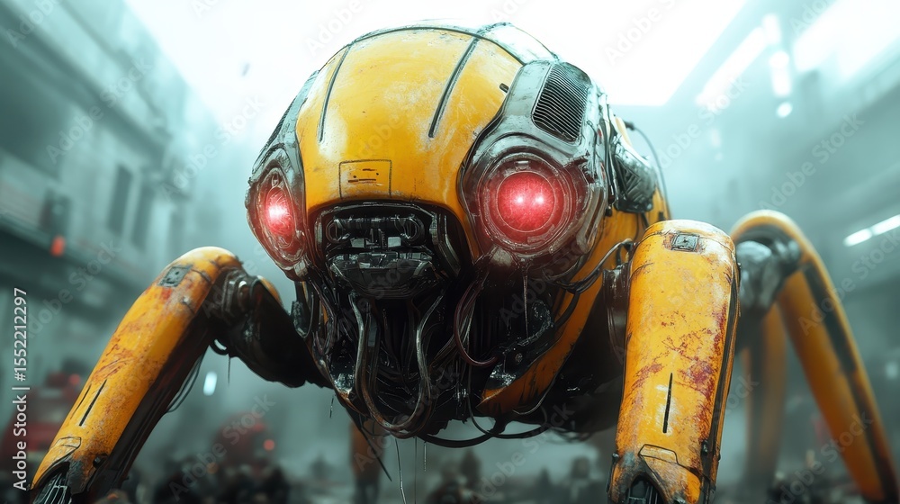 Poster an advanced-looking yellow robot with glowing red eyes stands in a dimly lit urban environment, show