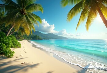 Obraz premium lush palm trees framing sandy beach tropical paradise coastal serenity, shore, ocean, waves, island, waterfront, sky, landscape, sunset, fringe, horizon