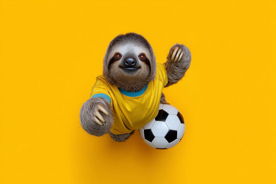 Sloth wearing a yellow jersey cheerfully reaching for a soccer ball on a vibrant yellow backdrop enhancing the playful atmosphere