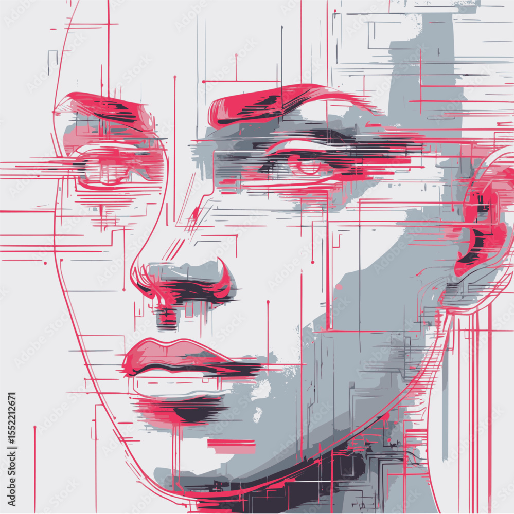 Poster abstract tech-style face outline with glitch line effect on white