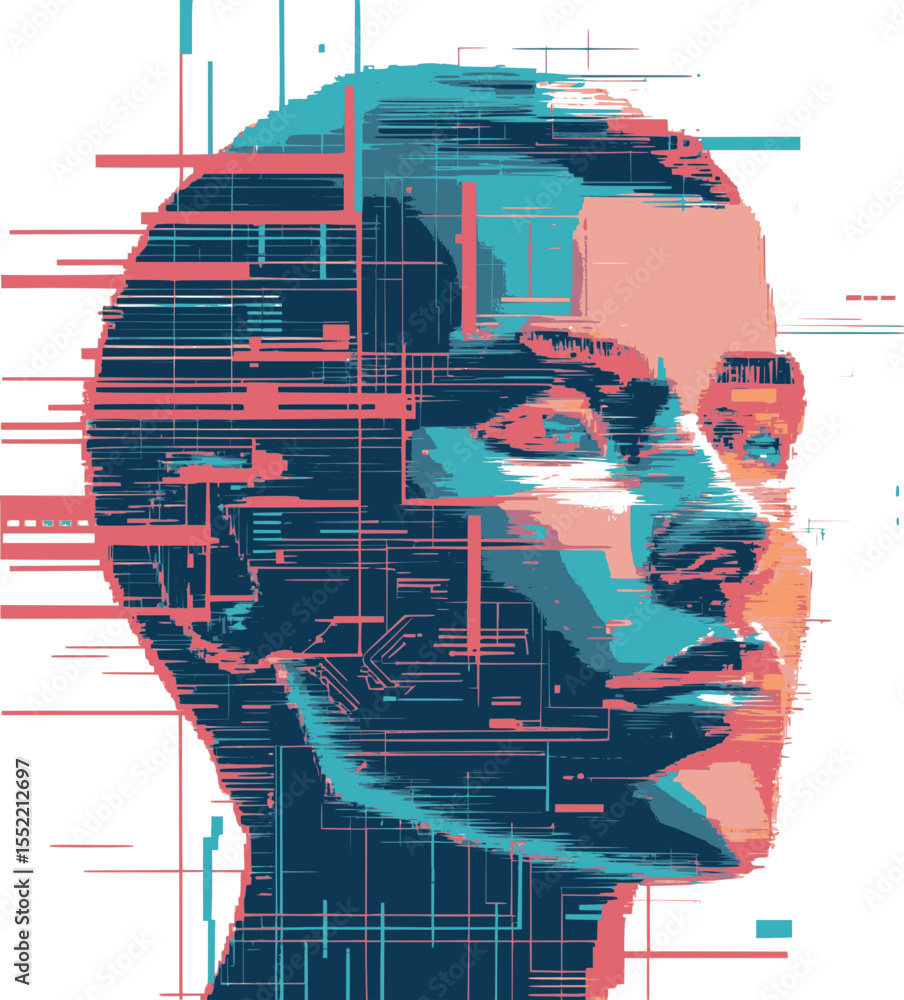 Poster abstract tech-style face outline with glitch line effect on white