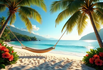 lush tropical beach secluded hammock soft sands palm trees tranquil ocean relaxing paradise serenity, input, sunset, relaxation, landscape, water, sky