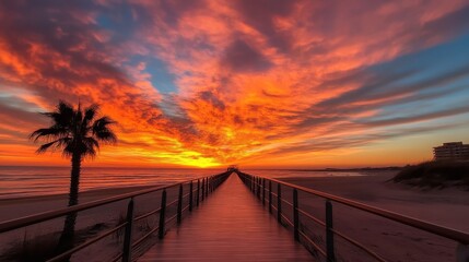 Fototapeta premium A breathtaking sunset casts a stunning array of colors over the pier, creating a picturesque view that captures the serene beauty of nature by the ocean's edge.