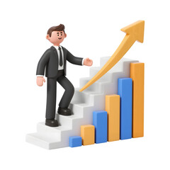 Cartoon businessman climbing stairs with growth chart and arrow isolated on transparent background