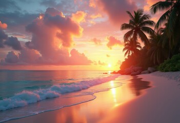 lush tropical beach vibrant sunset nature paradise landscape serenity ocean waves, rainbow, lgbtq, lgbt, pride, colorful, love, equality, sky, cloud, reflection