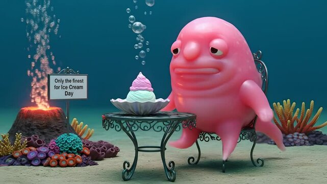 Blobfish enjoys ice cream on Ice Cream Day. 3D animation scene of underwater world with fish, table, ice cream, volcano. For summer, desserts, and funny animal-themed projects.