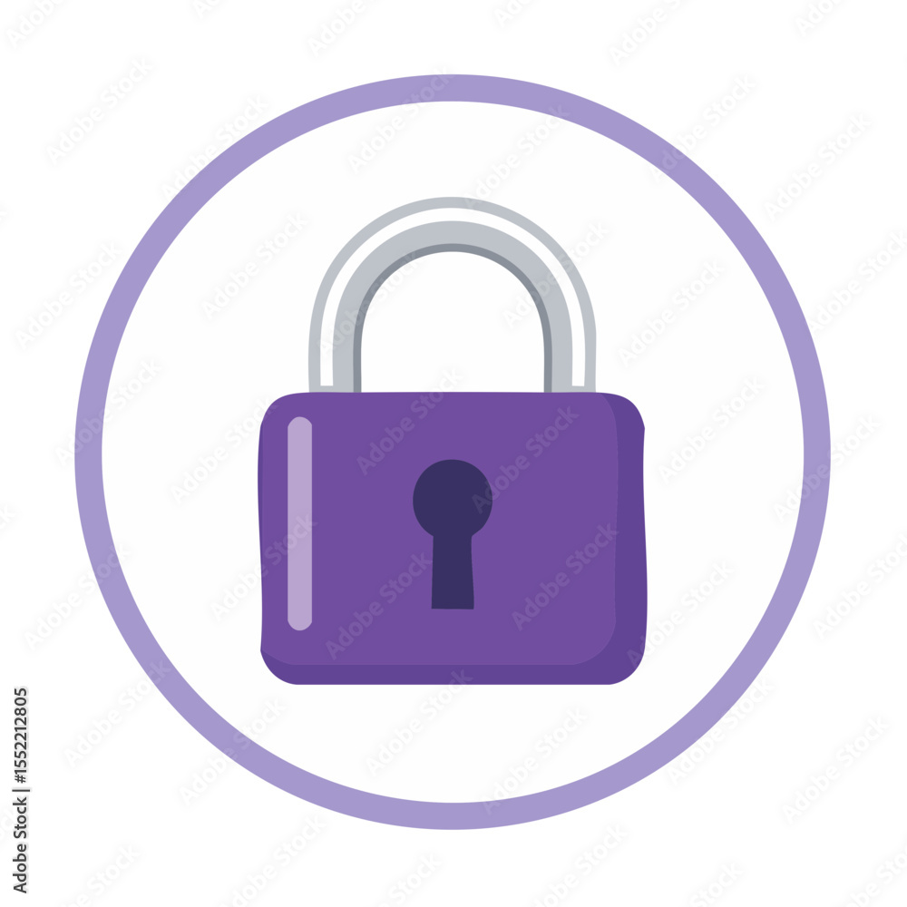 Poster purple padlock icon on round white background vector design for safety and security solutions access