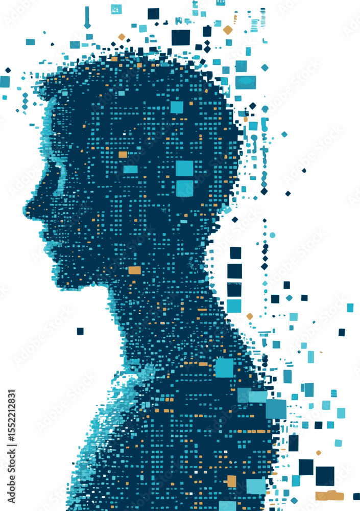 Poster data conversion outline. abstract vector of human transforming into digital pixels.