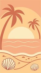 Obraz premium Tropical beach sunset scene with palm trees and seashells on a sandy shore
