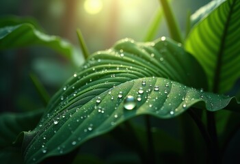 Obraz premium lush tropical leaves morning dew nature close fresh green foliage rainforest serenity vibrant wet plants, dewdrop, moisture, flora, garden, texture, jungle