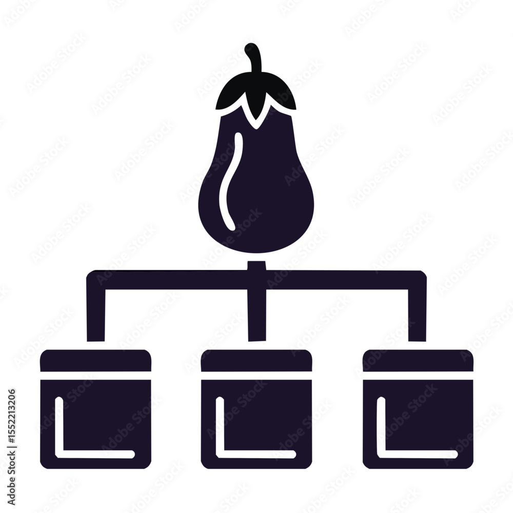Aufkleber diagram showing eggplant and boxes in a workflow chart illustration with lines connecting, black bac