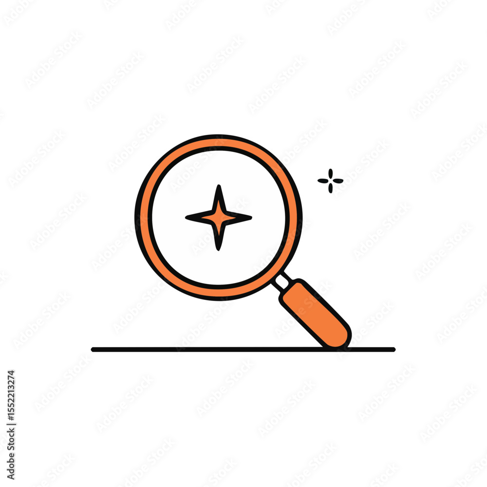 Poster zoom in magnifying glass icon with four point star minimalist line art search investigation analysis