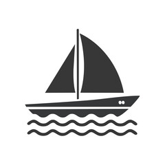 Simple sailboat sailing on wavy water icon graphic illustration in dark gray color for print, web, apps, and decoration