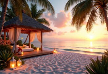 luxury beach cabana romantic sunset ocean view paradise relaxation retreat tropical escape, water, coastline, waves, sky, everyday, tranquility, hammock