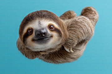 Sloth hanging upside down smiling against a vibrant blue backdrop showcasing its charming features and relaxed demeanor
