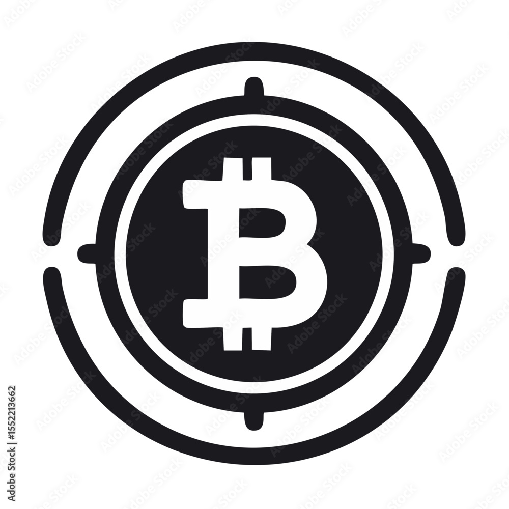 Poster bitcoin symbol in dark gray circle with target design on black background