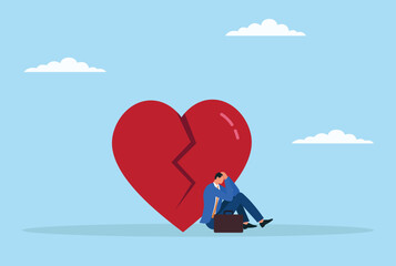 Vector illustration of a depressed businessman sitting beneath a giant broken love sign, symbolizing heartbreak, emotional struggle, and the impact of personal loss on professional life
