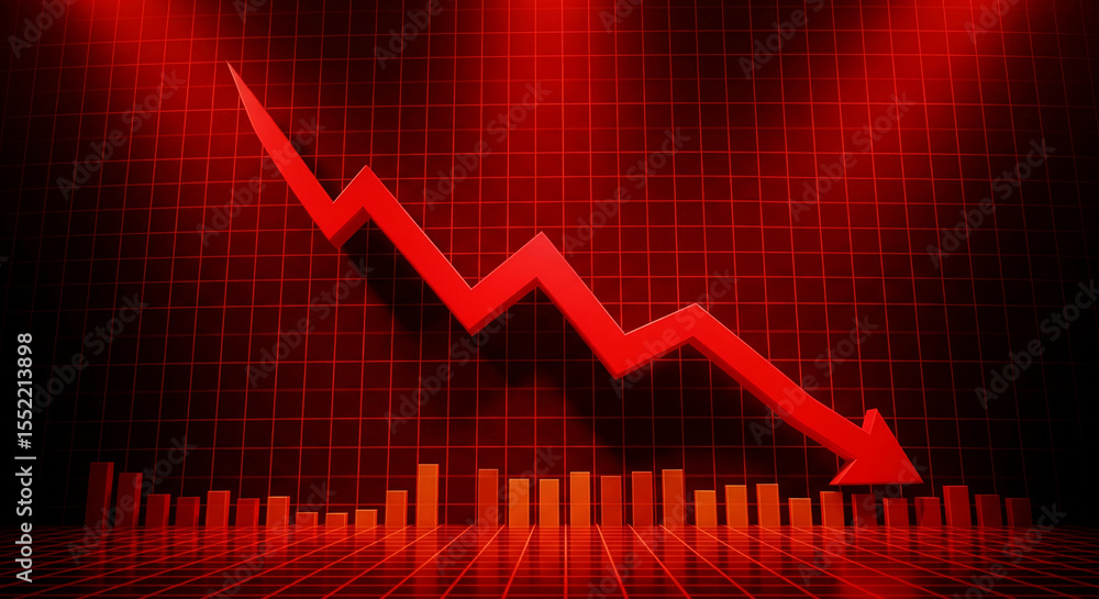 Poster red arrow pointing down on red grid background, illustrating a sharp decline, symbolizing economic d