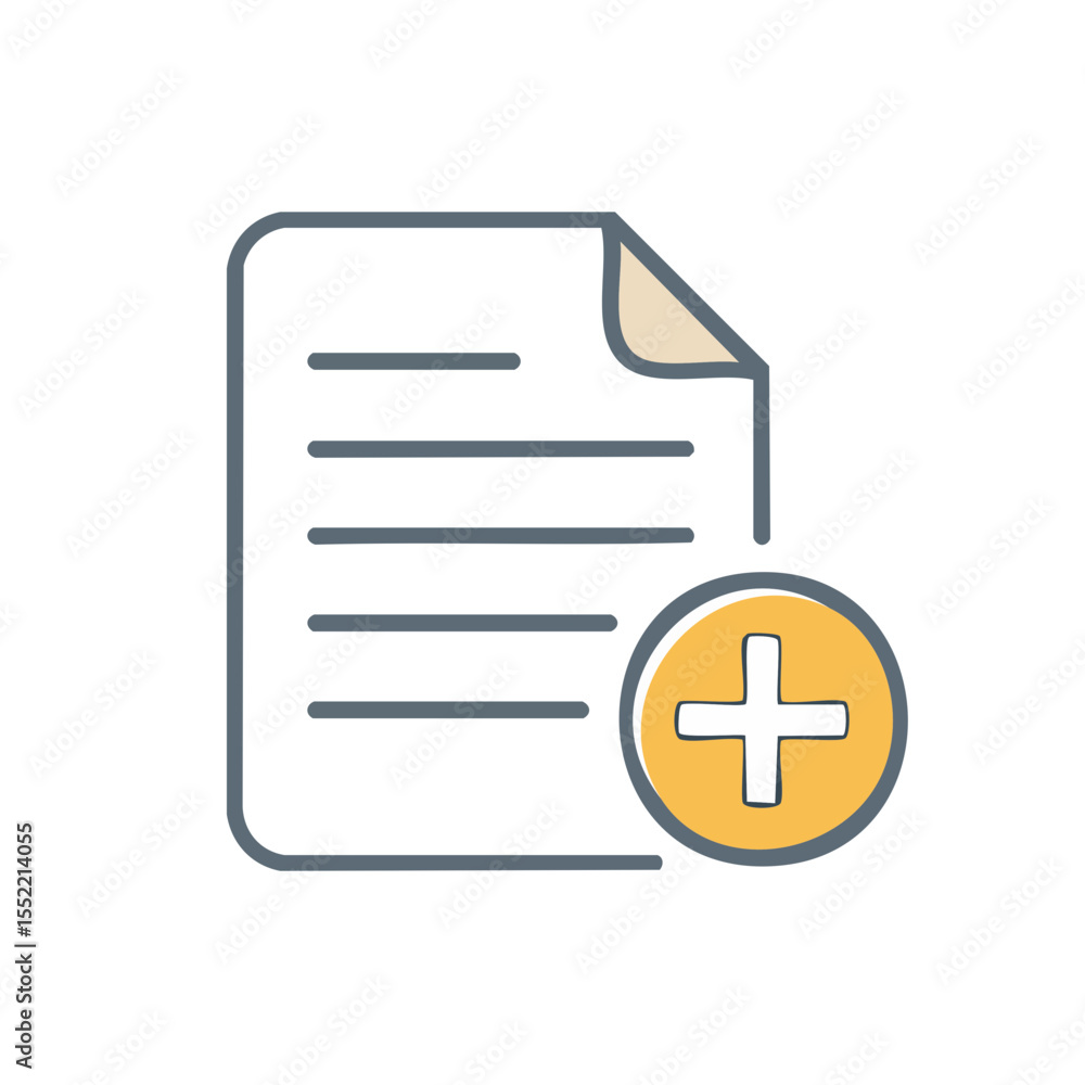 Poster document with lines and a plus sign, representing adding new file, graphic icon on a black backgroun