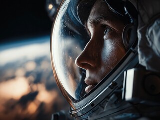 Fototapeta premium Astronaut observes Earth from inside space suit during space mission overlooking breathtaking view