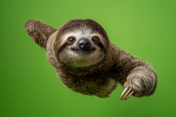 Sloth gracefully gliding through vibrant green background showcasing its mild expression and unique features