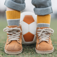 A detailed macro shot focusing on a child's feet in brown shoes with white laces and striped yellow and grey socks, standing on green grass, with a white and orange soccer ball visible between