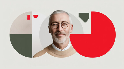 A conceptual collage featuring a mature man with glasses and a friendly expression at the center, surrounded by abstract geometric shapes in red, black, and beige. 