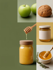 A vibrant photo collage in a flyer style, centered around honey and healthy eating, with green apples, a baked good, a jar of honey, and honey dripping from a dipper into a bow