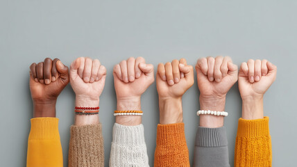 A panoramic image showcasing a line of diverse raised fists, each hand wearing a different color knitted sweater and various beaded bracelets, on a neutral grey background.