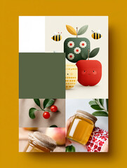 A creative photo collage combining abstract elements with natural themes, featuring illustrations of stylized apples and bees, red cherries on a branch, and a hand holding a jar of honey