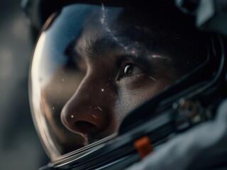 Close-up view of an astronaut in a suit, observing space during a mission in low Earth orbit